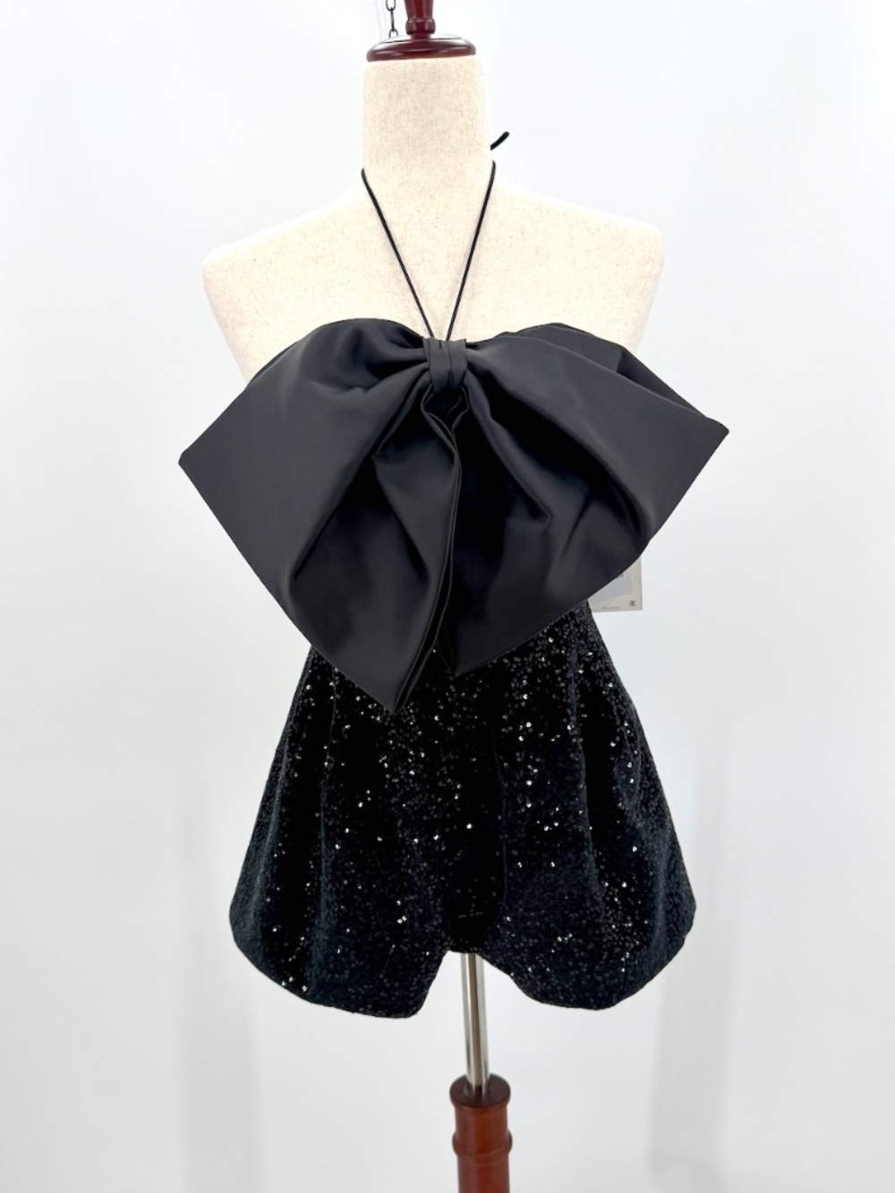 NWT ZARA Black Sequin Bow Trim Playsuit Romper Halter Jumpsuit Holiday Party XS